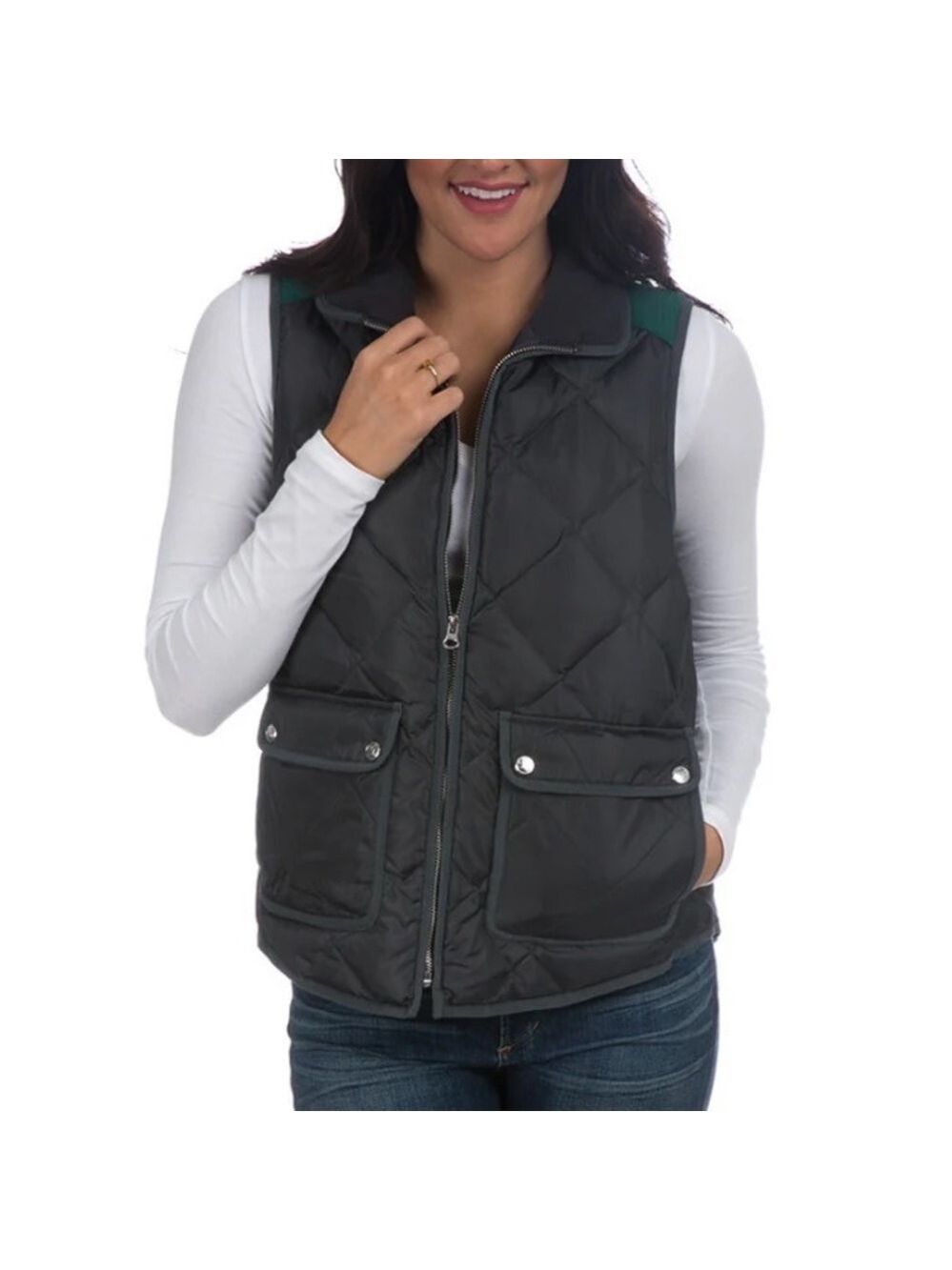 Lauren James Easton Vest Down Black Green Quilted Pockets Stand Up Collar Size M